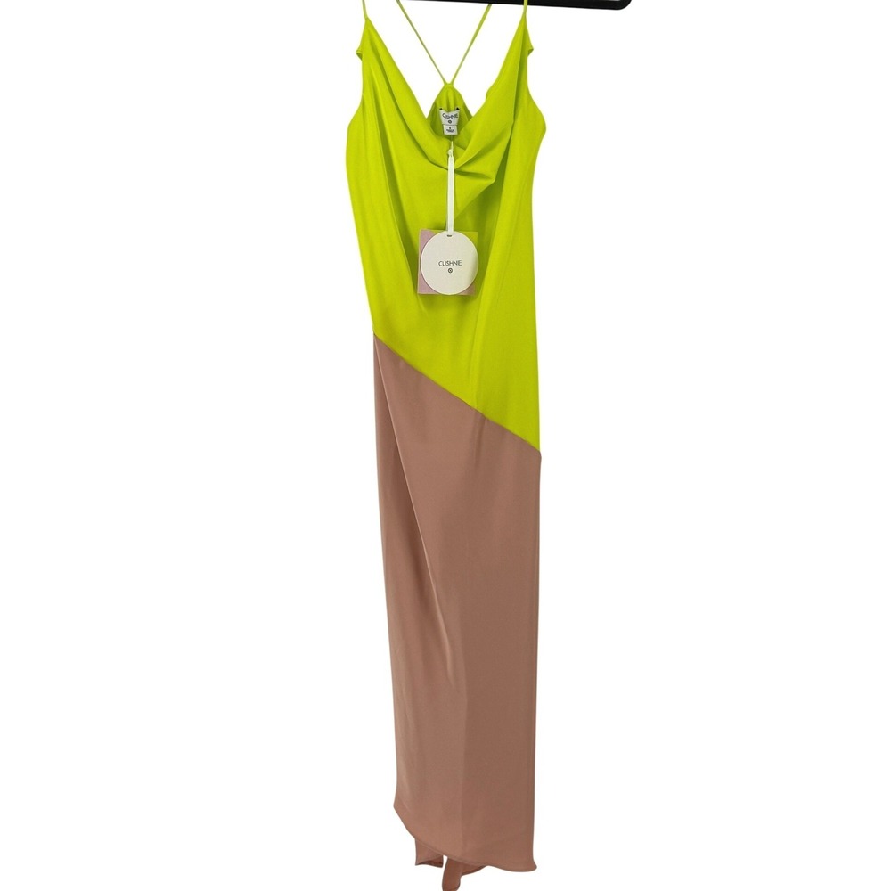 Slip Dress 90s Bias Cut Maxi Green‎ Colorblock Cowl Neck Sz 6 Silky Romantic y2k